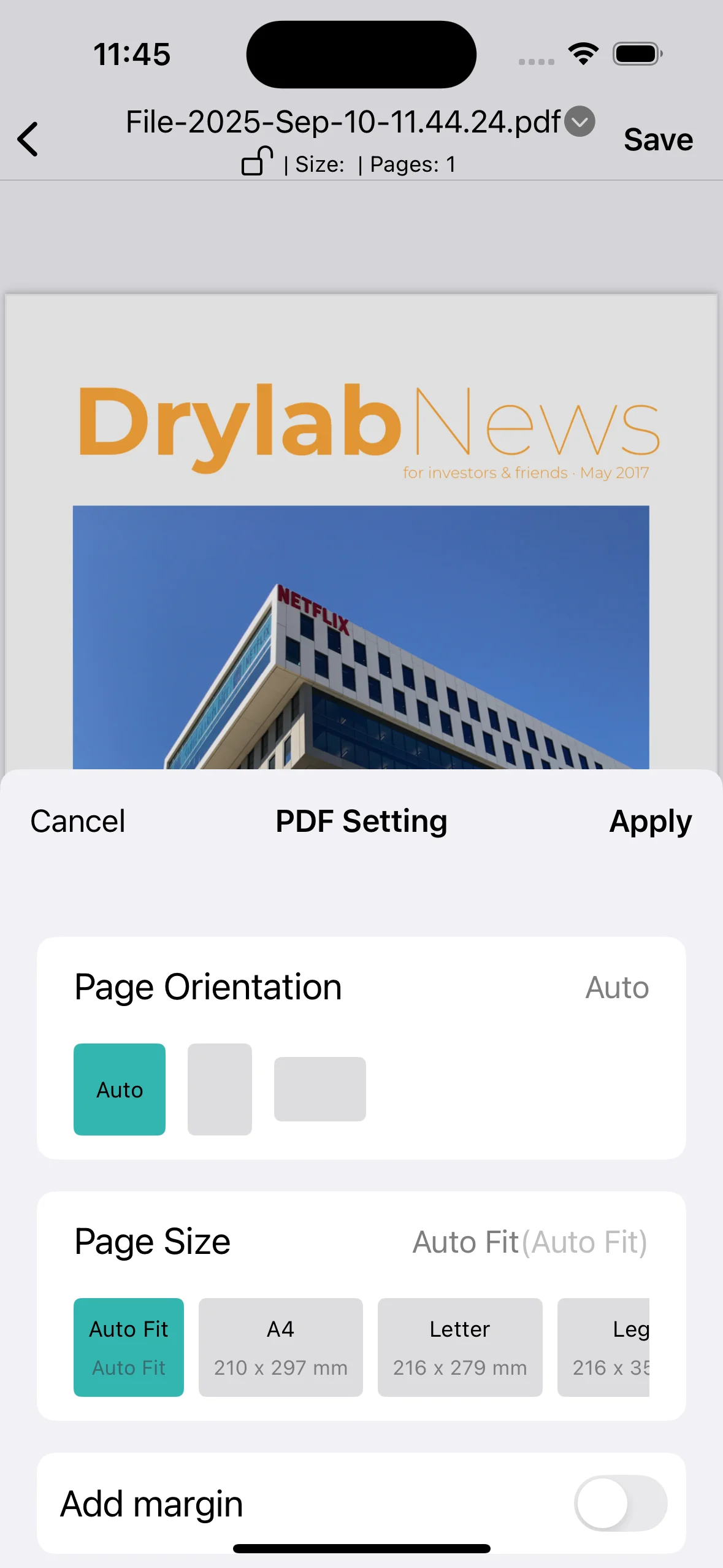 PDF settings feature screenshot of PDFAPP