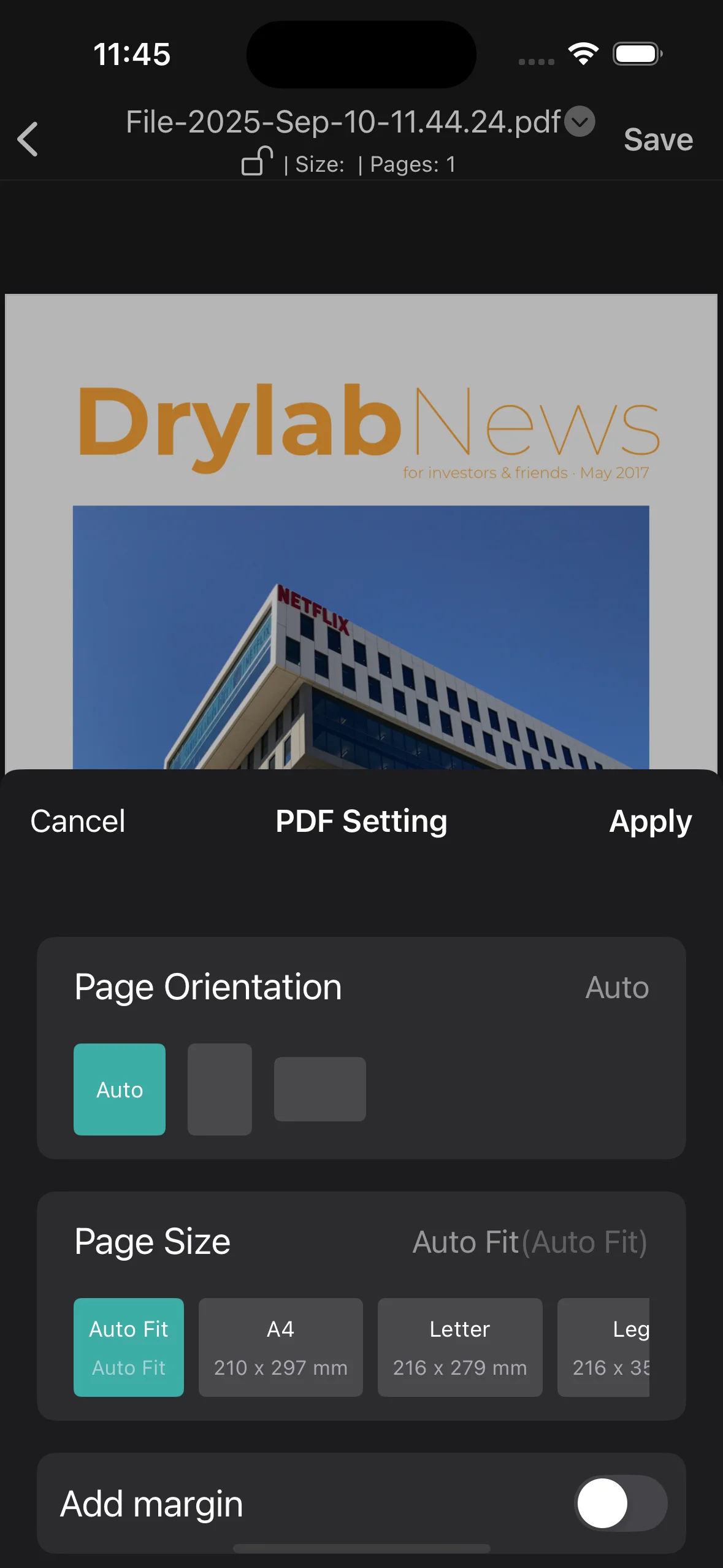 PDF settings feature screenshot of PDFAPP