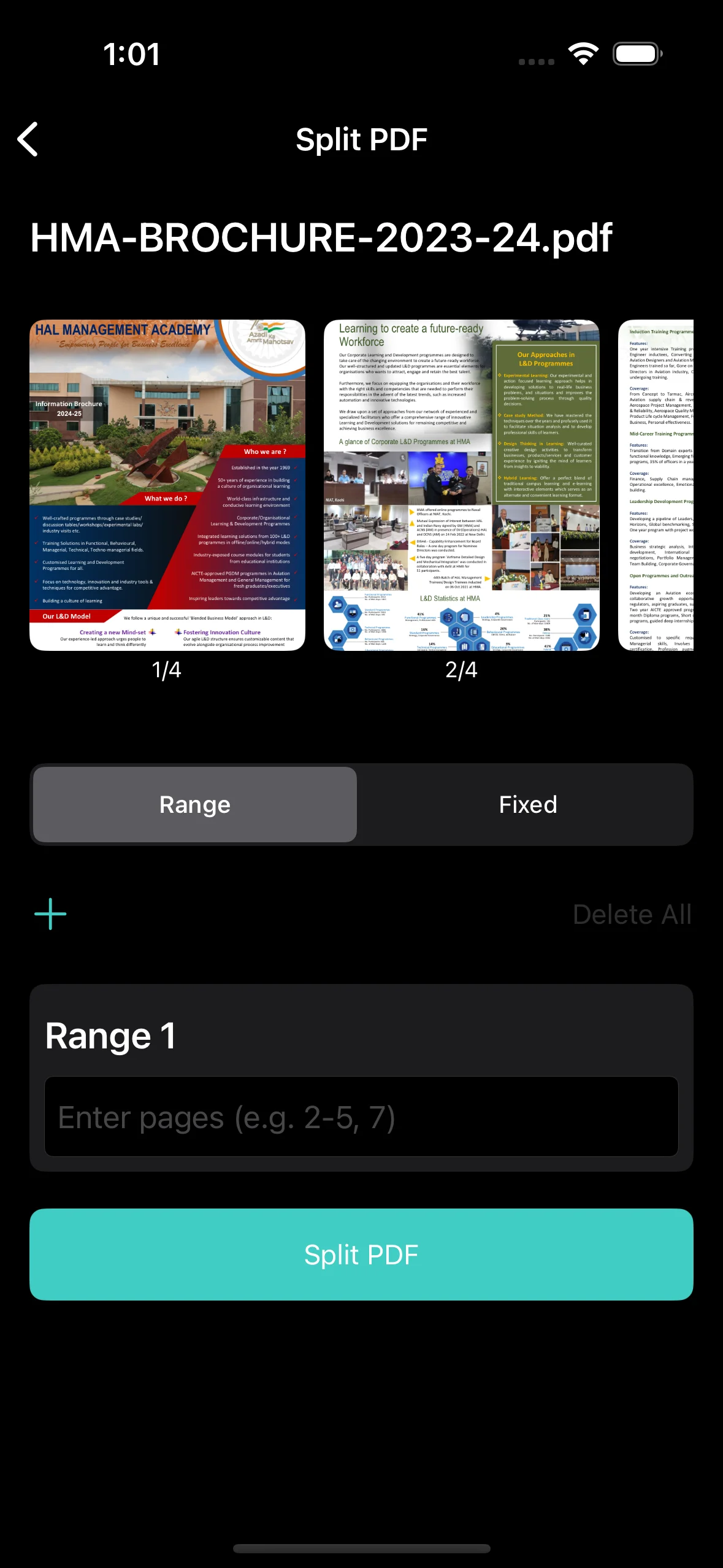 Split PDF feature screenshot of PDFAPP